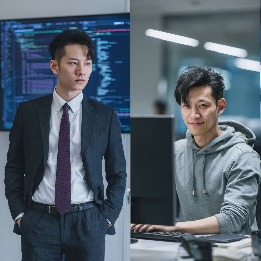 杰作，最高质量，专业摄影，8K，一位30多岁的中国男性，一张图像中包含两个对比场景：左侧，身穿西装打领带，站在现代化的CEO办公室里看财务报表，表情压力山大；右侧，穿着连帽衫，坐在现代化的程序员工位，双显示器显示着代码，表情专注，带有一丝微笑，柔和的自然光，照片级真实感，专业企业摄影风格，简洁背景，3:1比例 --ar 1:1 --v 7 --stylize 100 --fast --no 水印