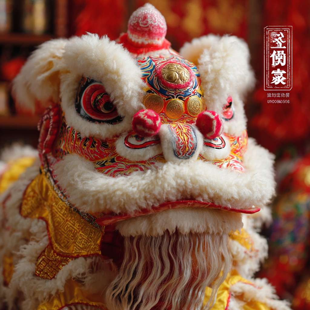 一只传统威严的中国南派醒狮，刘备狮，黄脸，白眉，白长须，头顶一个醒目的红色竹笋状独角，独角底部绘有金钱纹。后脑绘有三个金色铜钱图案。狮头底色为明黄色，饰有华丽的红色和金色传统祥云、龙凤纹样。额头有“如意”纹，眼睛大而有神，表情沉稳仁义，王者风范。狮头色彩鲜艳，手工精细，背景是喜庆的红色或武术馆场景。 --ar 1:1 --v 7 --stylize 100 --fast --no 水印