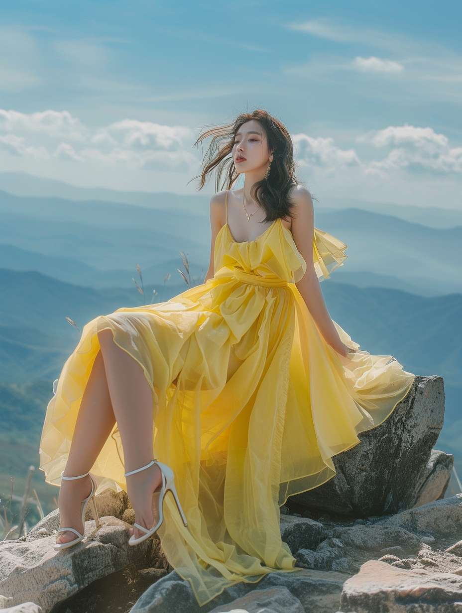 prompt：**Shot by Sony a7iv, Korean beauty, sitting on a stone at the
top of the
mountain, yellow dress, white high heels, wind hair, real --ar 3:4 --v 6.0 --stylize 100 --fast