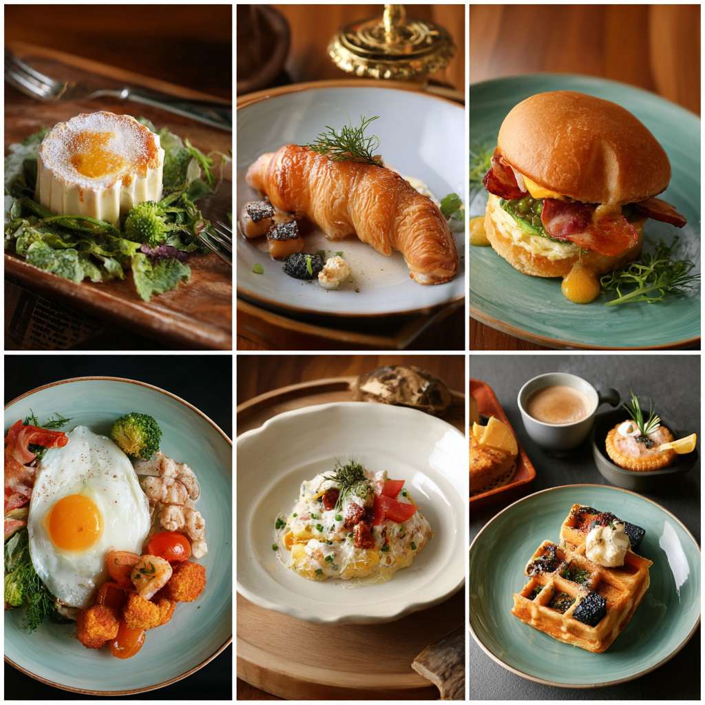 帮我做五张酒店餐厅早餐宣传照片 --ar 1:1 --v 7 --stylize 100 --fast --no 水印