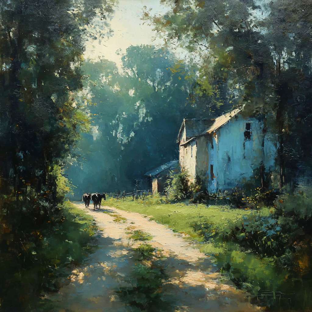 Serene country road through greenery, sunlight breaking into streaks; weathered farmhouse and horses in gentle motion, impressionist strokes capturing tranquility, oil. --ar 1:1 --v 7 --stylize 100 --fast
