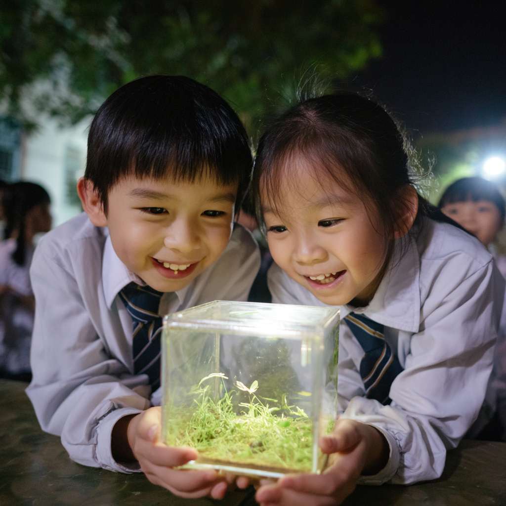 有2位穿著校服的華人小學生開心的表情雙手托起一個螢火蟲的正方體透明小盒子，盒子內的螢火蟲在青苔上發光 --ar 1:1 --v 7 --stylize 100 --fast --no 水印