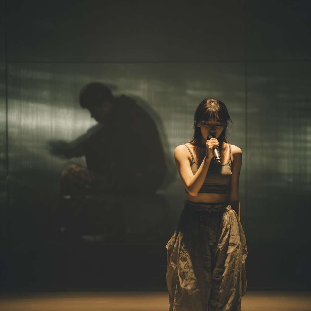 画面主体：一个女生站在舞台中央，单手握着麦克风，正在专注地演唱。她穿着舞台服装，灯光打在她身上，形成强烈的聚焦效果。
背景：在她身后，有一个模糊、黑色的身影，看起来像是一个男人，趴在某个平面上，仿佛在写东西或记录什么。这个身影没有面部细节，只有轮廓，营造出一种神秘、抽象的氛围。
整体氛围：舞台灯光昏暗，背景虚化处理，突出前景的女生和她背后的黑色身影。画面略带戏剧性，仿佛这个黑色身影是她的灵感来源、守护者，或是某种象征性的存在。 --ar 1:1 --v 7 --stylize 100 --fast --no 水印