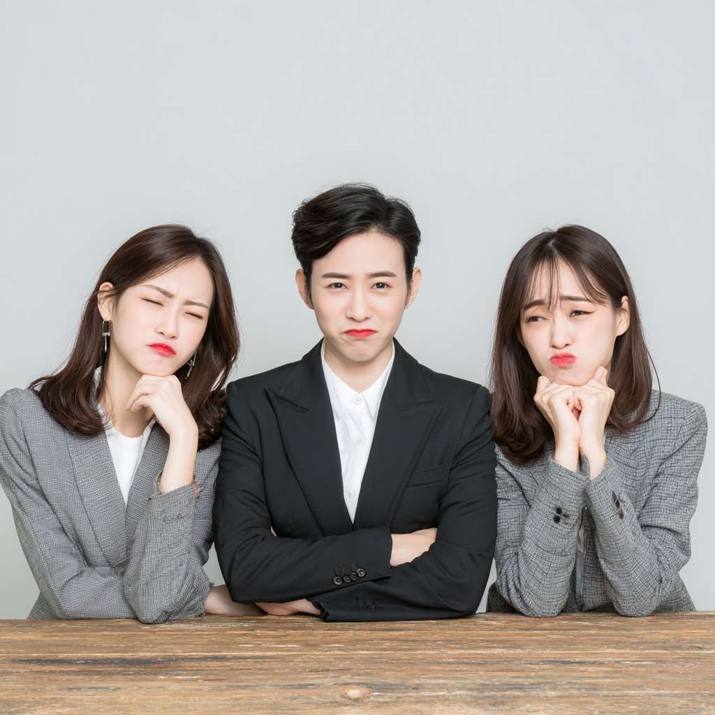 咖啡馆里三个时尚的闺蜜并列而坐，桌对面是一个男性保险代理人，右边的女孩眼神有些嫌弃，左边的女孩在批评她，中间的女孩看着男性保险代理人，表情有些抱歉。镜头从保险代理人右侧后方拍摄，能看到代理人的后背，和三个女生的正面 --ar 1:1 --v 7 --stylize 100 --fast --no 水印
