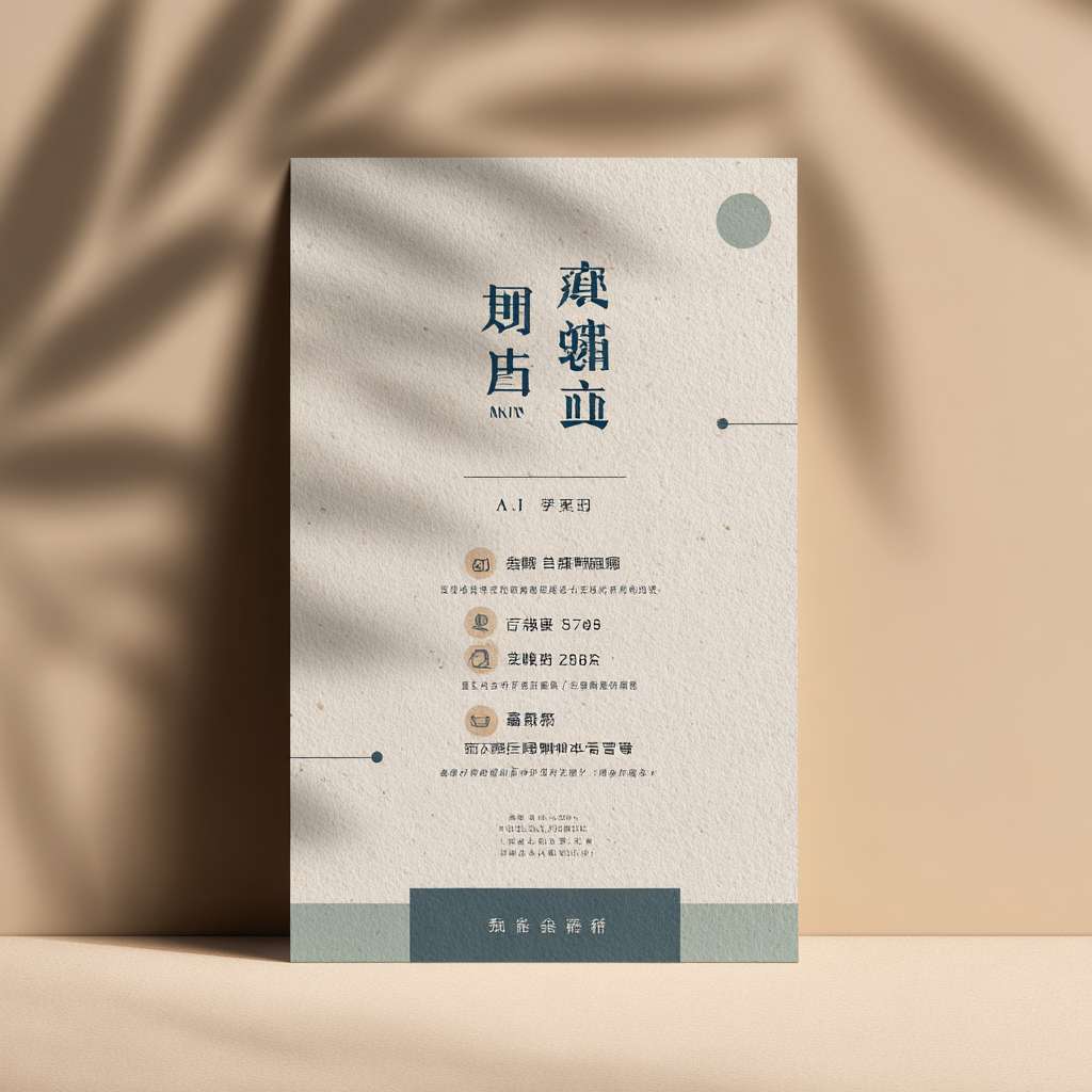 Minimalist invitation card, soft beige background (#F9F5F0) with subtle watercolor texture (10% opacity), thin geometric line art in pale teal (#A8DADC) along bottom edge. Centered layout, ample white space. Top: "AI创意工作坊邀请函" in bold Montserrat font, deep navy blue (#0A2463), size 52pt. Middle section: clean bullet points with minimalist icons (👨‍🏫 for mentor, ⏰ for time, 📍 for location, 📚 for content), all in charcoal gray (#333333), size 28pt. Bottom: "敬请光临" in italic Montserrat, size 20pt, with thin navy divider line above. Font: Montserrat for headings, Lato for body. Soft shadow on text for depth. No photos, only abstract shapes. Aspect ratio 9:16. --ar 1:1 --v 7 --stylize 100 --fast --no 水印