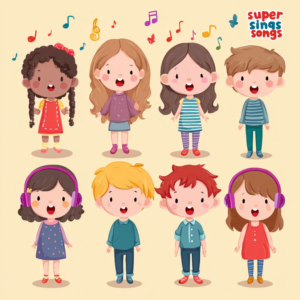 帮我制作一个适合2-12岁的英语启蒙的图片。根据“super simple songs”这首歌生成对应的卡通风格的图片 --ar 1:1 --v 7 --stylize 100 --fast --no 水印