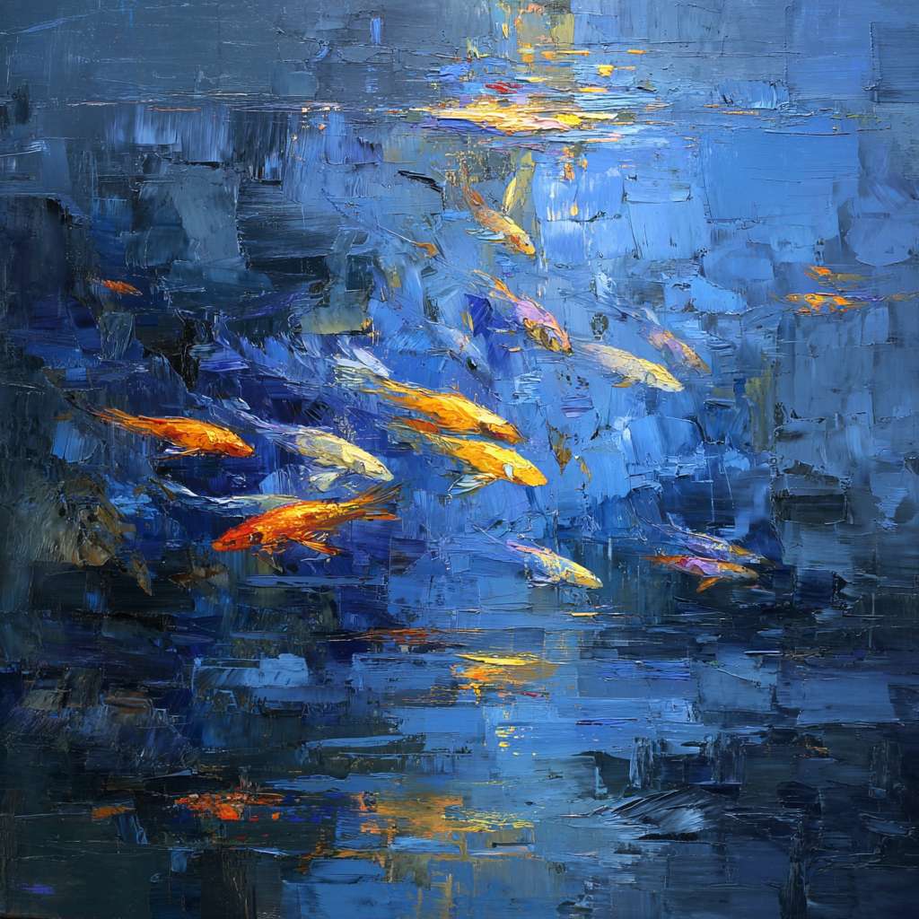 Dreamy depths in cobalt blue, iridescent light and agile koi, expressive strokes for motion, abstract. --ar 1:1 --v 7 --stylize 100 --fast