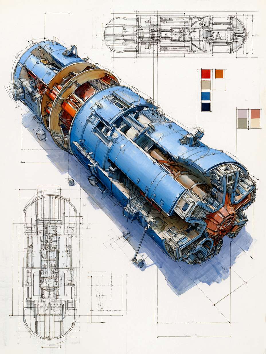 Tunnel Boring Machine (TBM) cutaway perspective blueprint illustration, dramatic wide-angle composition, three-quarter overhead view. Main subject: a highly detailed low-profile modern TBM (Earth Pressure Balance type) rendered in realistic hand-drawn watercolor sketch style, placed on clean white background. Features include: rotating cutterhead with disc cutters and scrapers, with watercolor texture and hand-drawn ink precision. Framed composition with architectural exploded-view edge sketches and directional arrows. Top-right corner includes a color palette swatch block, featuring: steel gray, industrial blue, soil brown, hydraulic red, and lining concrete white. --ar 3:4 --v 7 --stylize 100 --fast