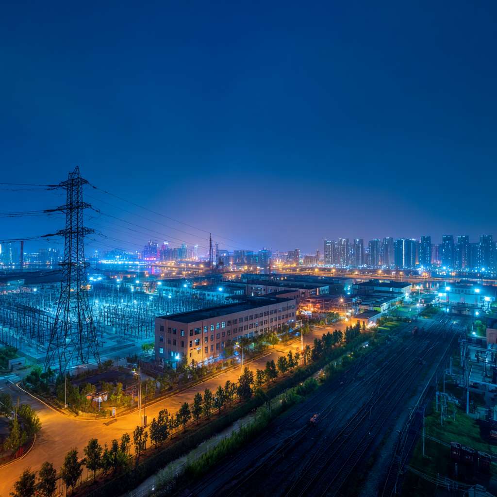 一张用于全国大学生职业规划大赛的图片，背景是深蓝色的天空，有电网控制中心和城市夜景，画面上方用大气醒目的字体写着‘守护电网中枢，点亮万家灯火’，下面是变电运行工程师，水电站与电力网技术专业，，画面下方有‘汇报人：XXX 指导老师：XXX 就业赛道’字样，字体样式与整体协调” --ar 1:1 --v 7 --stylize 100 --fast --no 水印