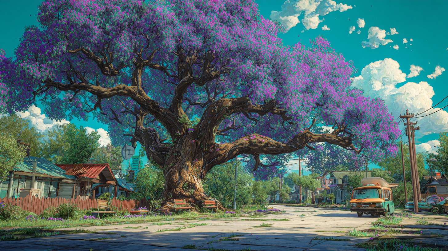 小区内的绿荫，有颗大树动画风格 --ar 16:9 --v 7 --stylize 100 --fast --no 水印