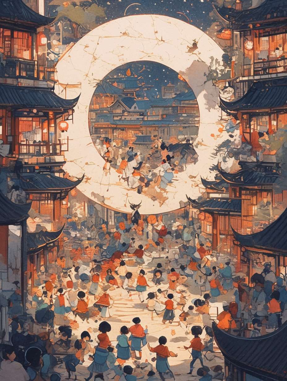 The background of the picture is a huge moon, and several children are playing with lanterns. The atmosphere is festive, and the moon is drawn with complex linear colored lines. The illustration is drawn with flat style colored lines, with red as the main color. It is an imaginative illustration, with a bird's-eye view, 64K, --ar 3:4 --stylize 1000 --fast --niji 6