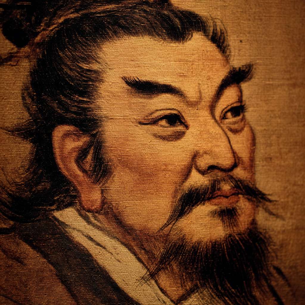 曹操外出踏青的图片，东方人的面孔，散装的眉毛,突起的上鼻梁和稍微有点倾斜的额头；身高1米65； --ar 1:1 --v 7 --stylize 100 --fast --no 水印