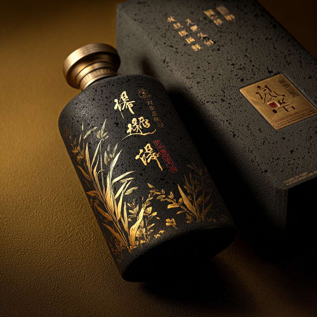 请绘制一个有磨砂质感的铁罐长方形，罐身为黑金色搭配，部分设计为洒黄精植物绘画图案，精美，色彩明亮，渲染为彩绘植物，颜色灵感来源自太阳光下的植物，包装名称酒黄精字体变形，适合整体包装设计，整体呈现质感而高档的色彩搭配。同时设计一个与罐子风格相匹配的高档质感的包装盒子，盒子大小适合放置此罐子，颜色与罐身相呼应，但适当加强质感及对比。以营造出去交感和空间感。请确保整个设计的渲染质量高，细节清晰，颜色饱满，以展示产品的高端质感。 --ar 1:1 --v 7 --stylize 100 --fast --no 水印