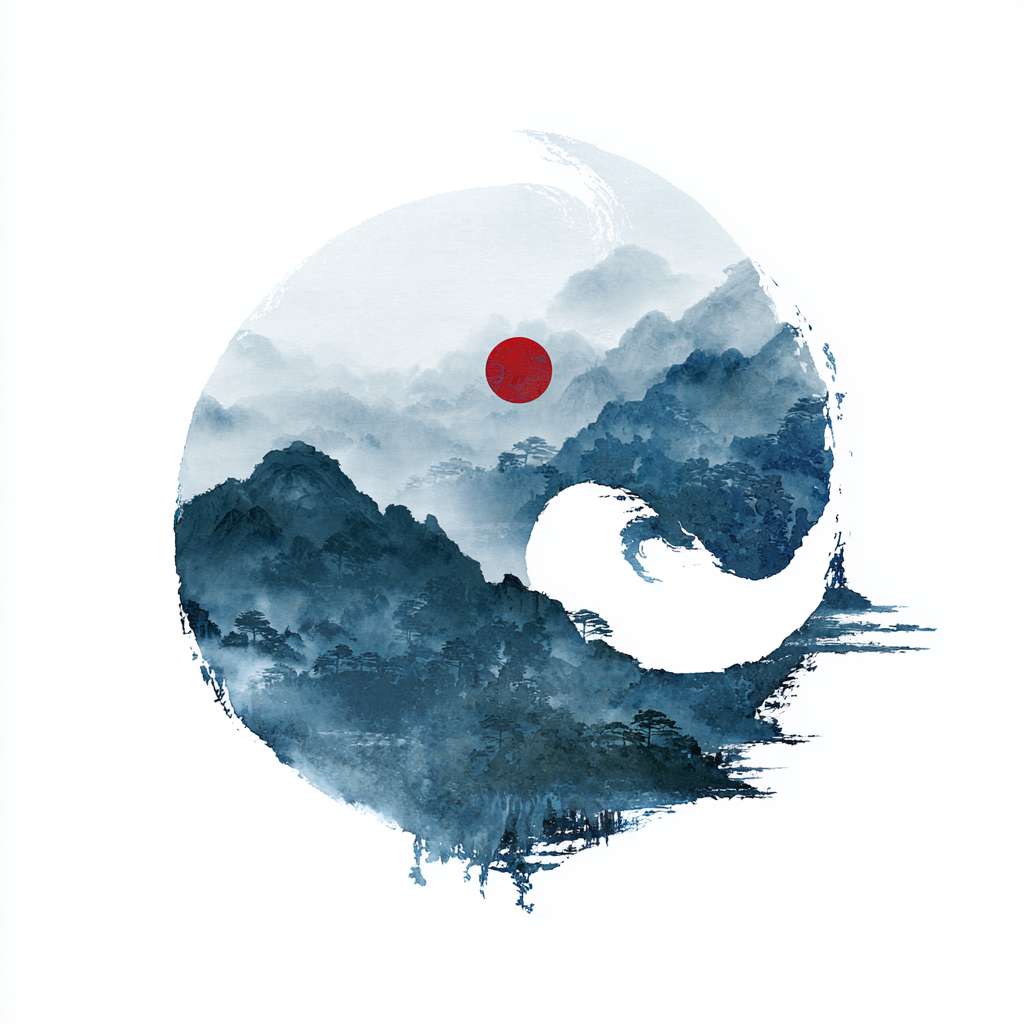 The circular logo adopts the traditional Chinese ink and wash Tai Chi symbol (not a circle), with alternating shades of blue, black, and white, surrounded by a hazy silhouette of a blue mountain range. There is a red dot in the center (only the red origin, symbolizing the sun), and the mountain range extends slightly from the imaginary part of Tai Chi, adding artistic conception. The image focuses on Tai Chi, emphasizing the balance of yin and yang and the combination of movement and stillness, with the mountain range as a supplement. The background is pure white, with a Zen style, simple design, no text, no watermark, high resolution, vector image, and white space at the edges of the image. Pay attention to the artistic conception of the image, and have a combination of movement and stillness --ar 1:1 --v 7 --stylize 100 --fast
