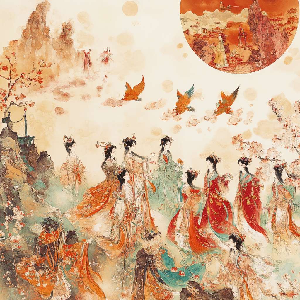 请帮我生成一组杨柳青非遗年画组图，png格式，不少于五张，图像分辨率300dpi以上，尺寸不小于1024乘768，用AI赋能非遗的经典故事、文化内涵、创意生成，提升非遗的传播力与影响力。要有创意，使人物活起来，更适应时代的需要 --ar 1:1 --v 6.1 --stylize 100 --fast