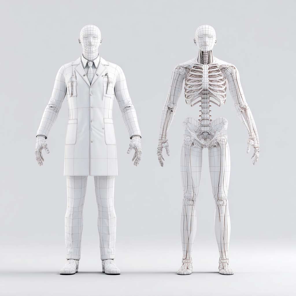 给我生成一张医学人体全身模型图  要求正反面  然后背景是白色的 --ar 1:1 --v 7 --stylize 100 --fast --no 水印