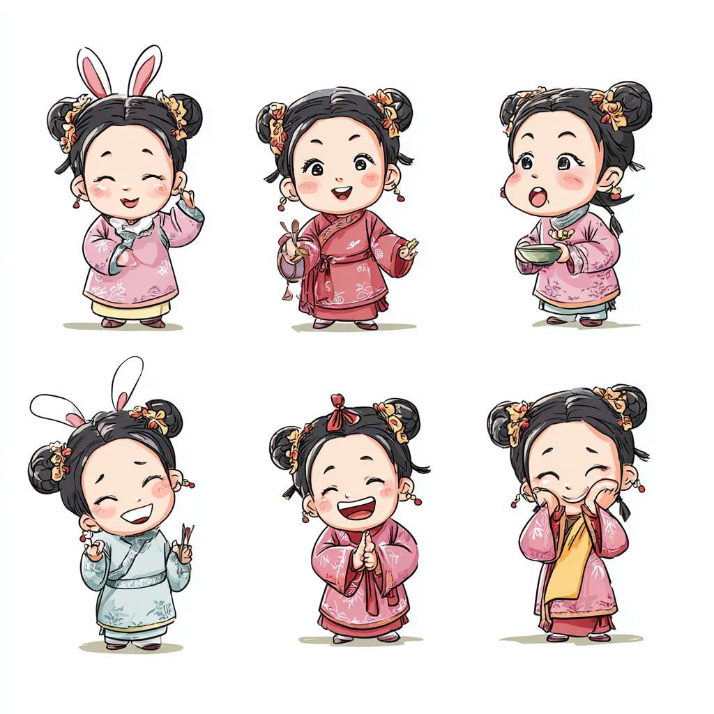 穿着汉服的小女孩，两只兔子耳朵，古典精致，全身图，9种姿势和表情，打招呼，谢谢，睡觉，离开，抱抱，可爱，伤心，大笑，失望，害羞，困倦，吃饭，头晕，表达爱意等，卡通动漫风格，九宫格，一个网格一个表情，不显示网格线 --ar 1:1 --v 7 --stylize 100 --fast --no 水印