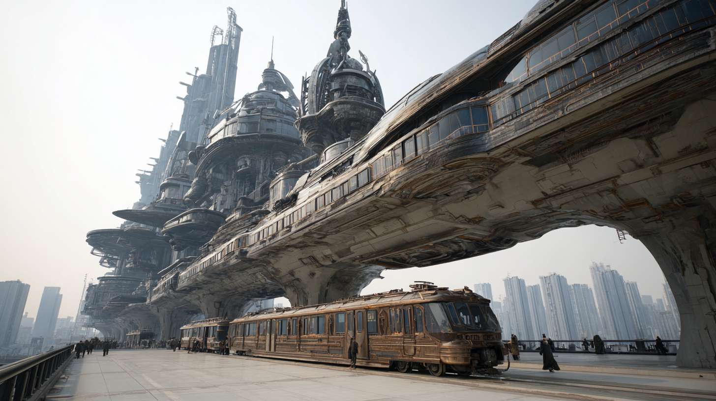 科幻朋克城市火车站建筑，未来朋克城市建筑，科幻建筑，未来城市建筑，未来科幻朋克建筑 --ar 16:9 --v 7 --stylize 100 --fast --no 水印
