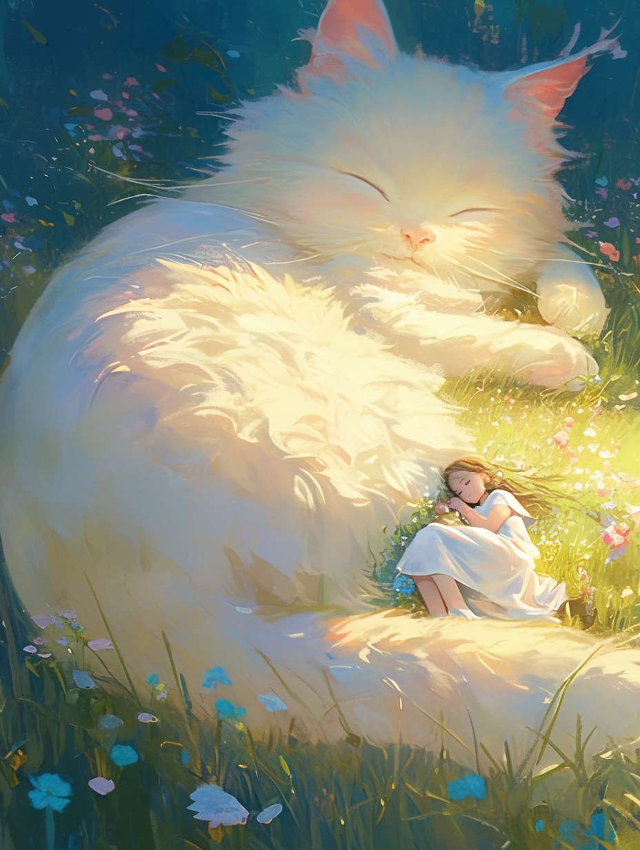 hsiao - ron cheng,in the style of rococo pastel colors,At night,in a vast green grassland, the wind blows through the grass and the grass is rolling like waves. A girl is lying on a very very huge cat. A super huge white cute cat, there is a warm lamp next to the girl and the cat, which illuminates the girl and the cat, mysterious imagination, beauty, in a wilderness grassland, the wind blows down the grass, there are blooming roses in the grass, the contrast between light and dark is strong, the mood is Happy and relaxing, exquisite details, macro lens， large panorama --ar 3:4 --stylize 100 --fast --niji 6