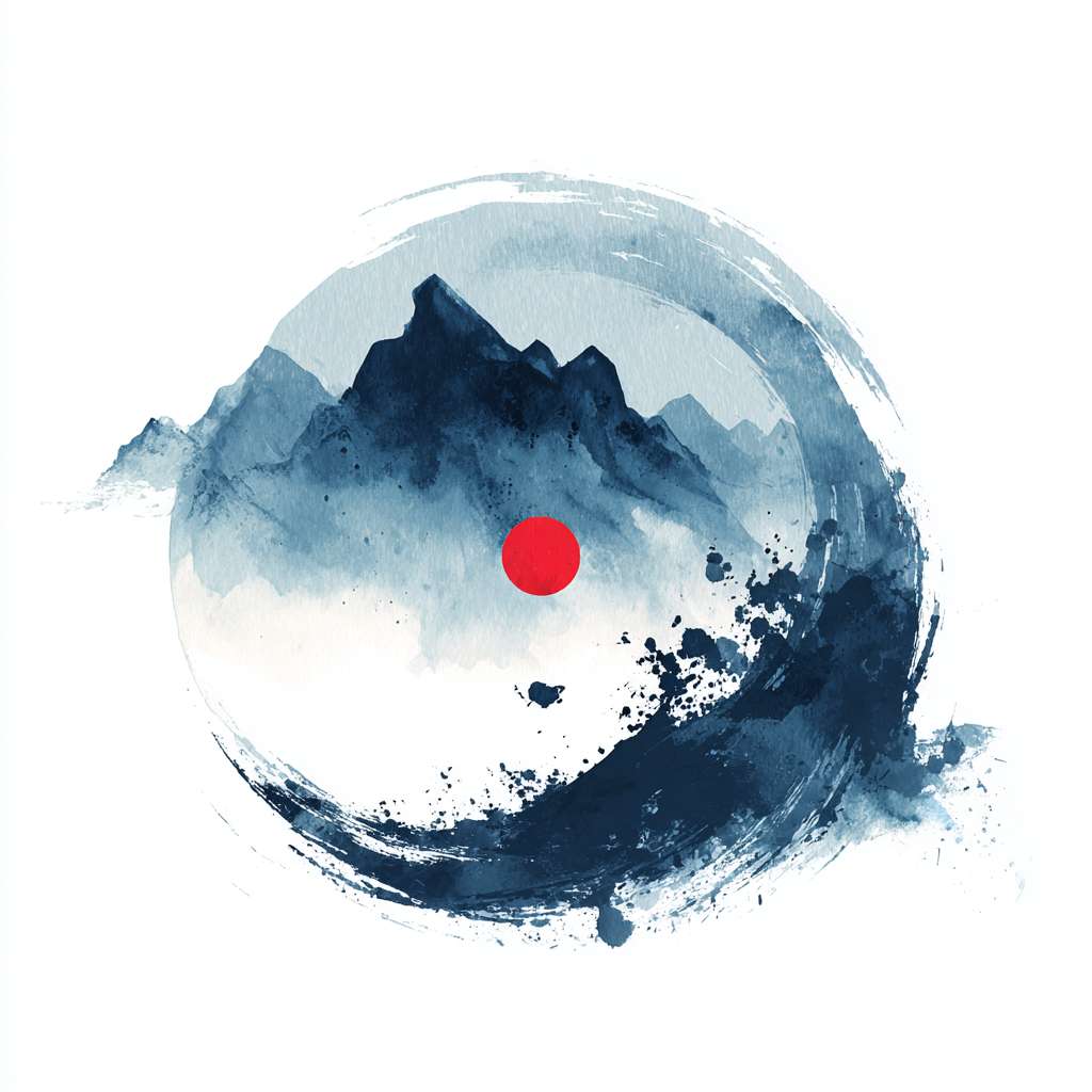 The circular logo adopts the traditional Chinese ink Tai Chi symbol (not a circle), with alternating shades of blue, black, and white. It is surrounded by a hazy silhouette of a blue mountain range, with a red dot in the center (only the red origin, symbolizing the sun). The mountain range extends slightly from the imaginary part of Tai Chi, adding artistic conception. The background is pure white, with a Zen style, simple design, no text, no watermark, high resolution, vector image, and white space at the edges of the image. Pay attention to the artistic conception of the image, and have a combination of movement and stillness --ar 1:1 --v 7 --stylize 100 --fast