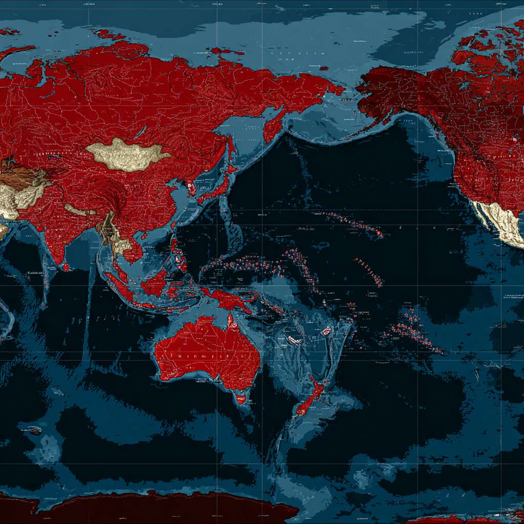 一幅专业地缘政治地图，维多利亚时期地图集风格，1948年。新明帝国领土用深红色标出：包括马来半岛、苏门答腊、爪哇、婆罗洲、苏拉威西及整个印度尼西亚群岛、澳大利亚、新西兰。其托管领土用浅红色标出：包括巴布亚新几内亚、所罗门群岛、瓦努阿图、斐济、萨摩亚。马六甲海峡和巽他海峡被突出显示。边界清晰，与蓝色海洋形成鲜明对比。 --ar 1:1 --v 7 --stylize 100 --fast --no 水印