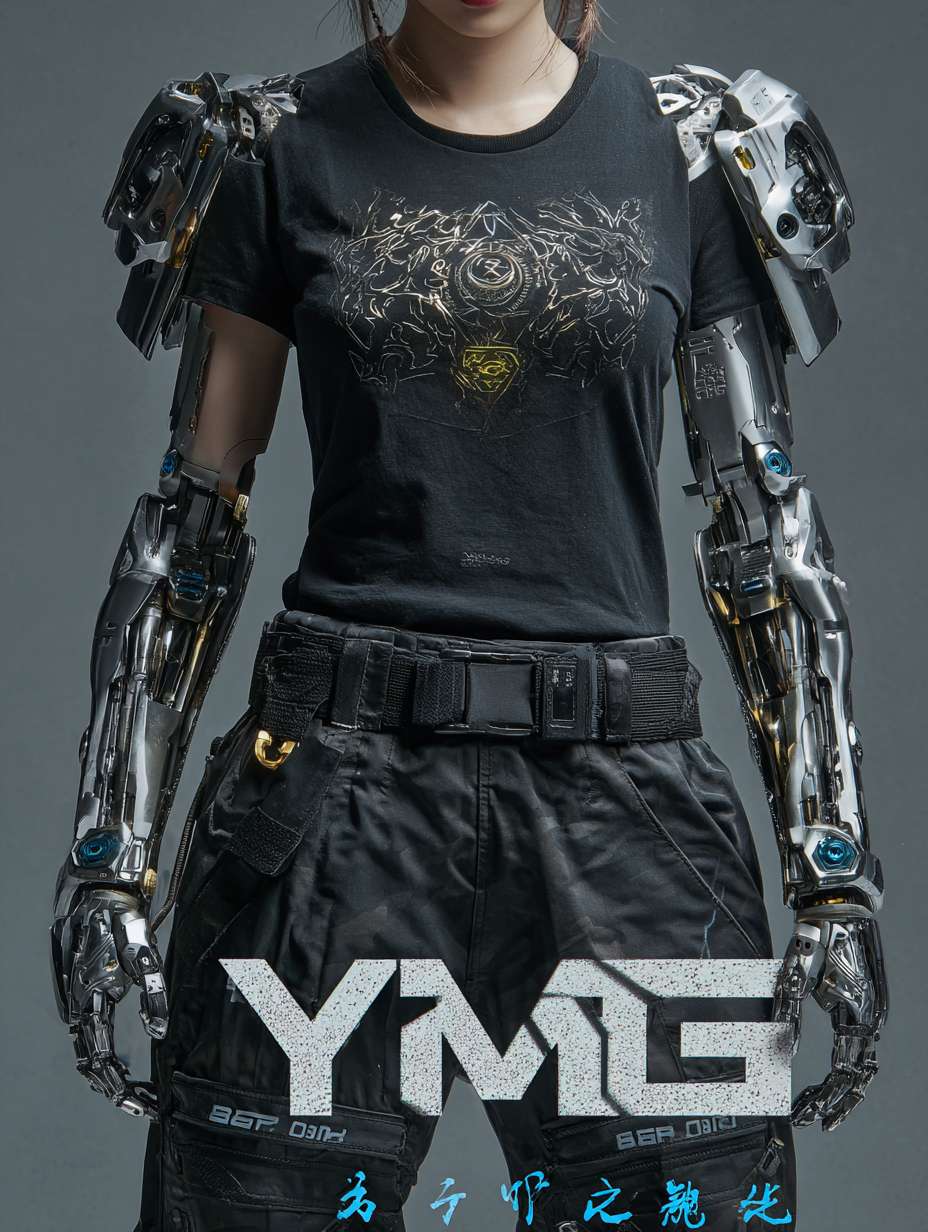 上身设计：内搭黑色紧身速干衣，衣料上印有暗纹火焰图案（仅在强光下可见）。外覆银色分段式机械战甲，肩部装甲呈三角形，边缘有锯齿状设计。胸口是圆形能量核心，外层包裹透明合金罩，内部蓝色火焰状能量随呼吸起伏，核心下方印有 “云祥” 二字（手写体，体现自我身份认同）。双臂为可变形机械臂，平时收缩为黑色皮质护臂形态（印有赛车涂鸦），战斗时展开为银色机械结构，手掌心有凹槽，可凝聚火焰能量。
下身设计：穿着黑色工装裤，裤腿侧边有拉链口袋（用于放置机械零件与应急工具），膝盖处装有黑色防撞护膝，护膝表面有蓝色电路纹路。腰部系着宽版黑色皮带，左侧挂着父亲遗留的摩托钥匙（金属材质，钥匙链是小型火焰吊坠），右侧挂着战术匕首（刀柄缠绕红色皮质绳，模拟混天绫质感）。脚部为黑色高帮机械战靴，靴底有防滑纹路，鞋跟处装有小型推进装置（战斗时可辅助跳跃），靴筒外侧印有蓝色火焰标识。绘制一个人物全身图 --ar 3:4 --v 7 --stylize 100 --fast --no 水印