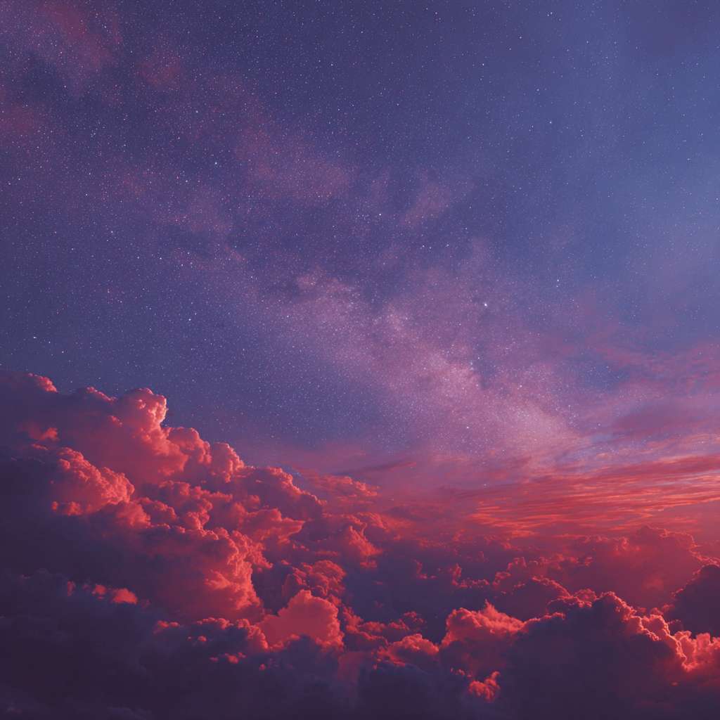 生成一张天空链接星空的图片，有红紫色的晚霞，蓝色的天空。 --ar 1:1 --v 7 --stylize 100 --fast --no 水印