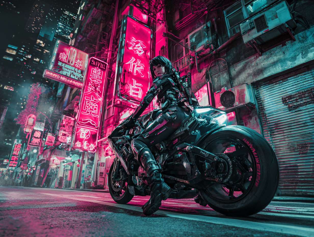 《哪吒重生》赛博朋克风，科幻炫酷的街道，全景，主人公驾驶摩托车在街道行驶 --ar 4:3 --v 7 --stylize 100 --fast --no 水印