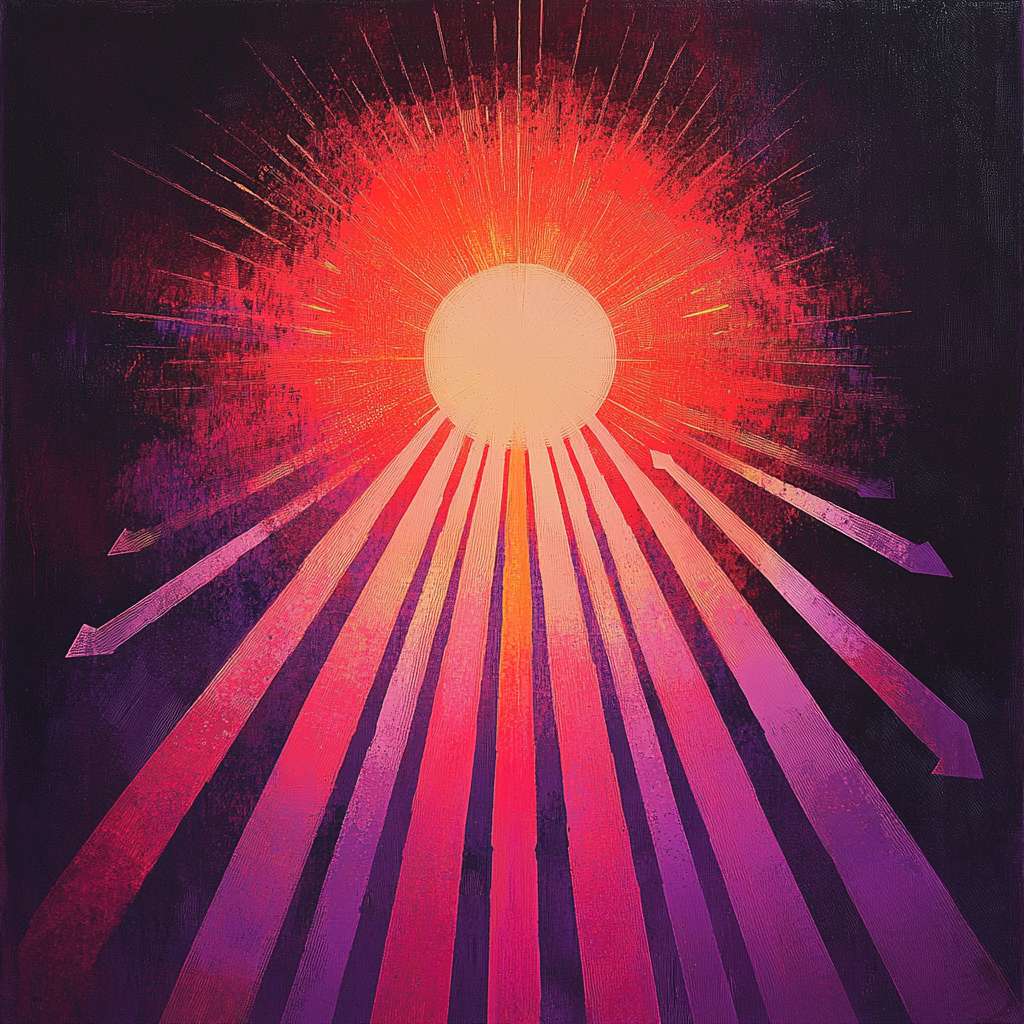 太阳光芒四射，一束束光线以箭头的形式从太阳那里出发，颜色从红到紫逐渐变化，表示不同波长的光。 --ar 1:1 --v 6.1 --stylize 100 --fast