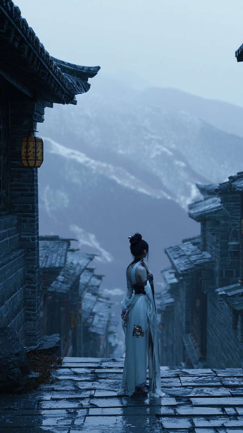 The scene is extremely faint, depicting an Eastern girl dressed in Tang Dynasty clothing, with delicate features, snow-white skin, torn black strapless skin, prominent collarbones, slender legs, torn white stockings, a dark classical style, and a mysterious emblem on her belt; Night view, ancient city walls, towering snow capped mountains behind, eerie ancient city, misty cobblestone alleys. --ar 9:16 --v 7 --stylize 100 --fast