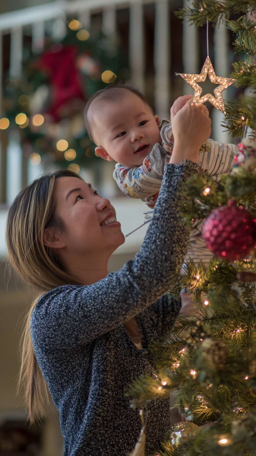 2圣诞树顶挂星星，妈妈托举孩子，树身缠绕彩灯，地面有未挂的袜子装饰，镜头从下往上推，温馨写实风妈妈孩子都金发 --ar 9:16 --v 7 --stylize 100 --fast --no 水印