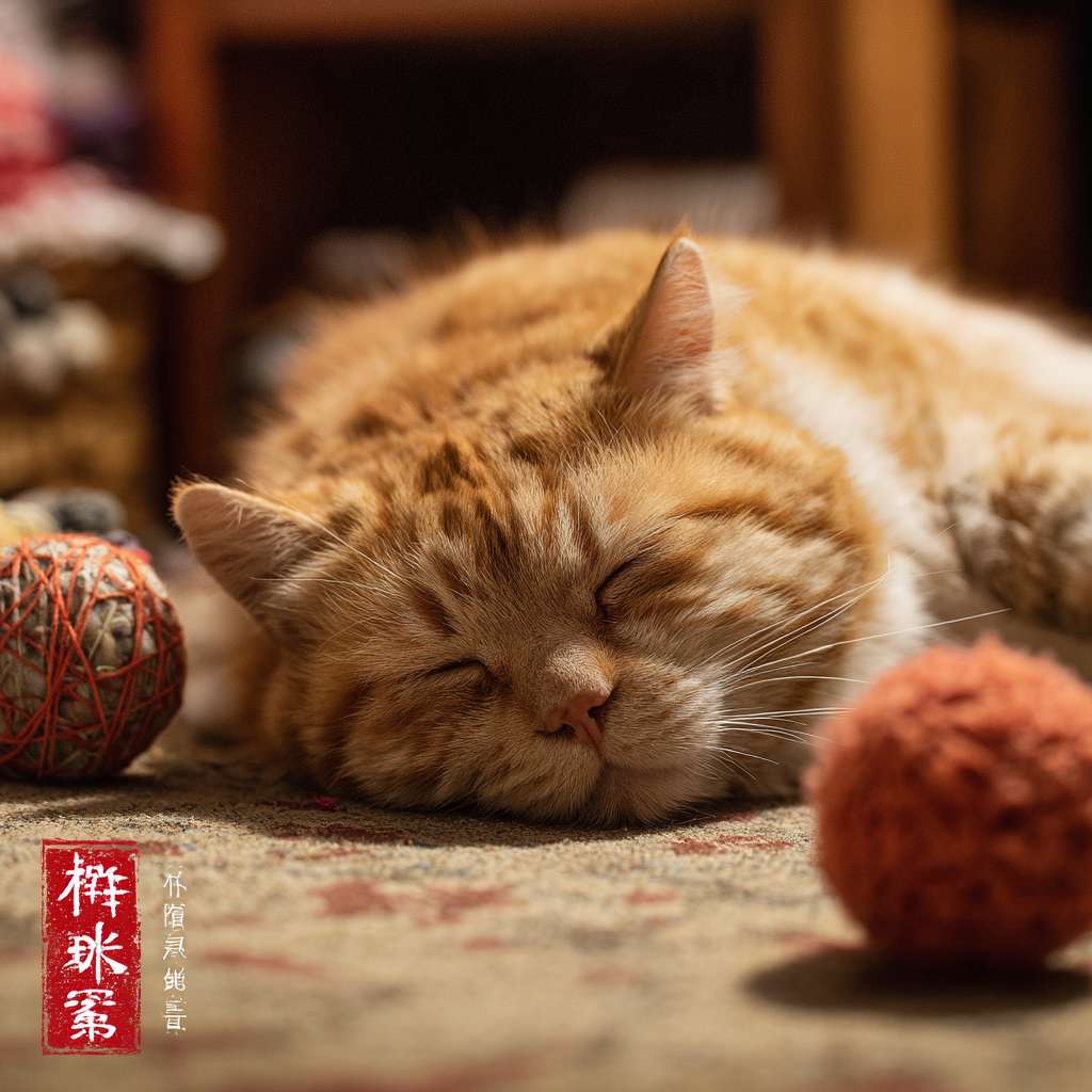 《瘫》：今日运动量已达标
一只胖乎乎的橘猫，像液体一样瘫在地毯上，露出肚皮，眼神放空，旁边扔着几个玩具，照片级真实感，4k，超详细，滑稽可爱 --ar 1:1 --v 7 --stylize 100 --fast --no 水印