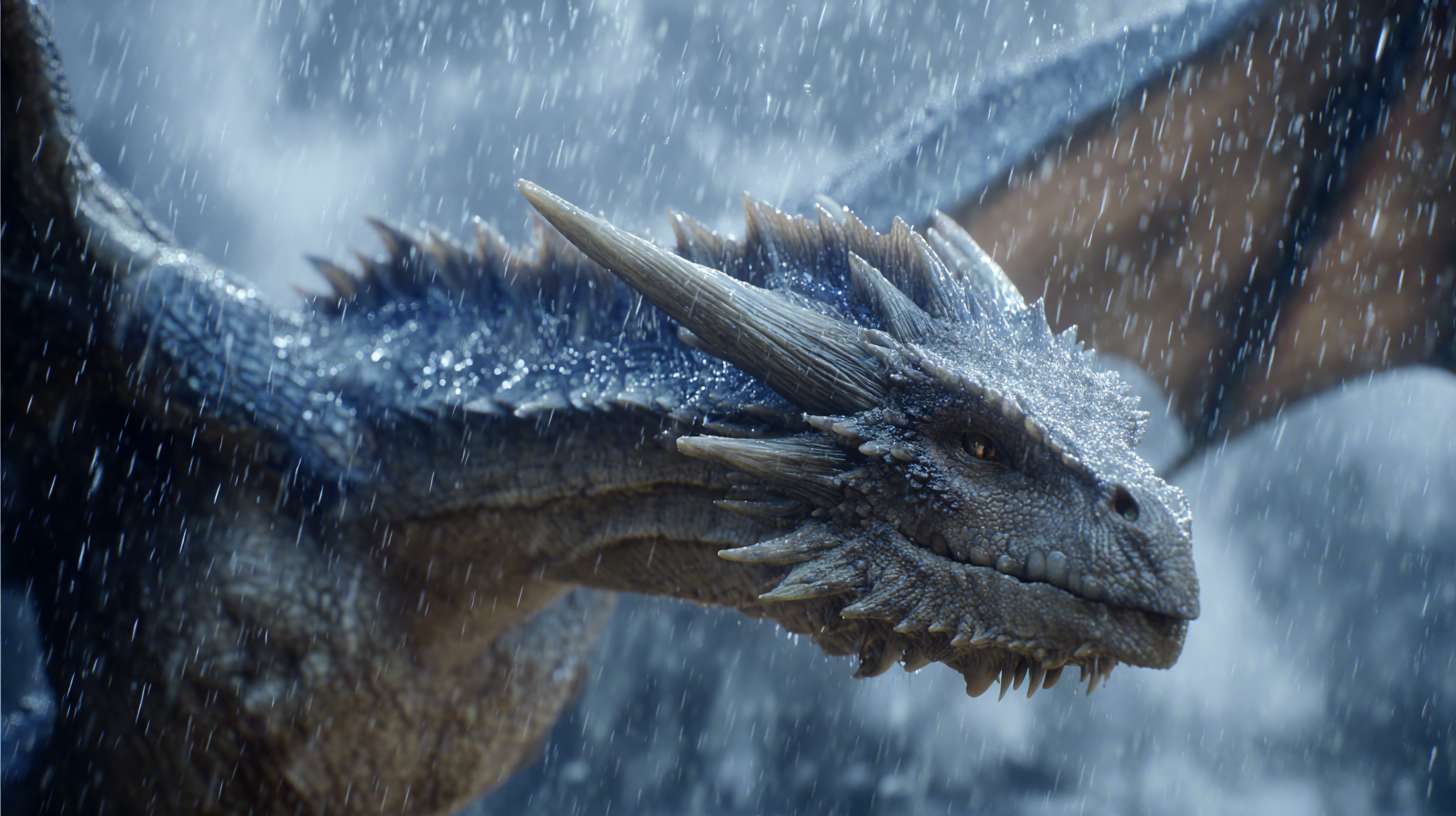 超写实 4K ，完整的一只细节丰富的白龙在暴雨中穿行，每一片鳞片都反射着周围的光线与雨水。水珠附着在龙角与翅膀上，龙翼有力扇动，驱散雨滴与云雾。特写镜头展现龙的皮肤纹理与肌肉运动，中景镜头呈现龙在云层间穿梭的完整身姿。真实的雨水物理效果，空中可见雨滴飞溅与涟漪，光线完全遵循闪电与阴天的自然规律。 --ar 16:9 --v 7 --stylize 100 --fast --no 水印