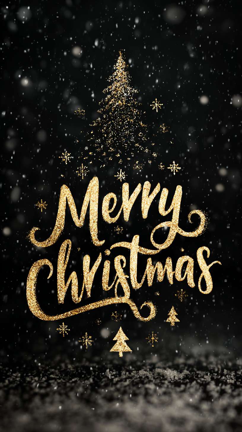 6黑色背景，金色渐变字体 “Merry Christmas”，周围有飘落的雪花特效，字体下方有小圣诞树图案 --ar 9:16 --v 7 --stylize 100 --fast --no 水印