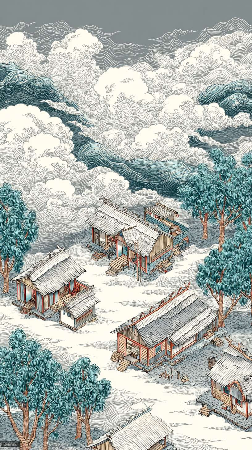 新手村
750x1334px
构图:竖版全景,下方 2/3 为村落(3-4 间茅屋、竹篱笆、石板路),上方 1/3 为远山(层峦叠嶂)核心元素:- 茅屋:稻草屋顶(焦墨点画)、竹木结构(淡墨线条)- 炊烟:淡墨留白,呈 “S” 形飘散- 点缀:村口老槐树(浓墨枝干、淡墨树叶)、田埂小路
主色调:灰蓝色(R150-170, G160-180, B180-200)辅助色:- 屋顶稻草:暖灰色(R160-170, G150-160, B130-140)- 树叶:淡绿色(R140-150, G160-170, B130-140)统一适配:灰蓝色与其他场景主色调明度对齐(保持 30%-85% 区间)
1. 炊烟用 “淡墨晕染 + 留白” 技法,与竹林的薄雾笔触一致2. 茅屋线条粗细与武馆的木架线条保持统一3. 远山墨色层次与山间小路的云海层次一致 --ar 9:16 --v 7 --stylize 100 --fast --no 水印