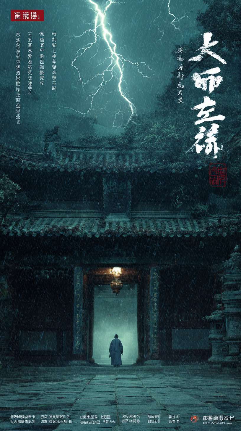 电影感，全景镜头，暴雨夜，破败的古代寺庙“兰若寺”，闪电划过夜空，气氛阴森恐怖，靛蓝色书生的背影正在奔跑，水墨画风格，高对比度，4K，超详细。 --ar 9:16 --v 7 --stylize 100 --fast --no 水印