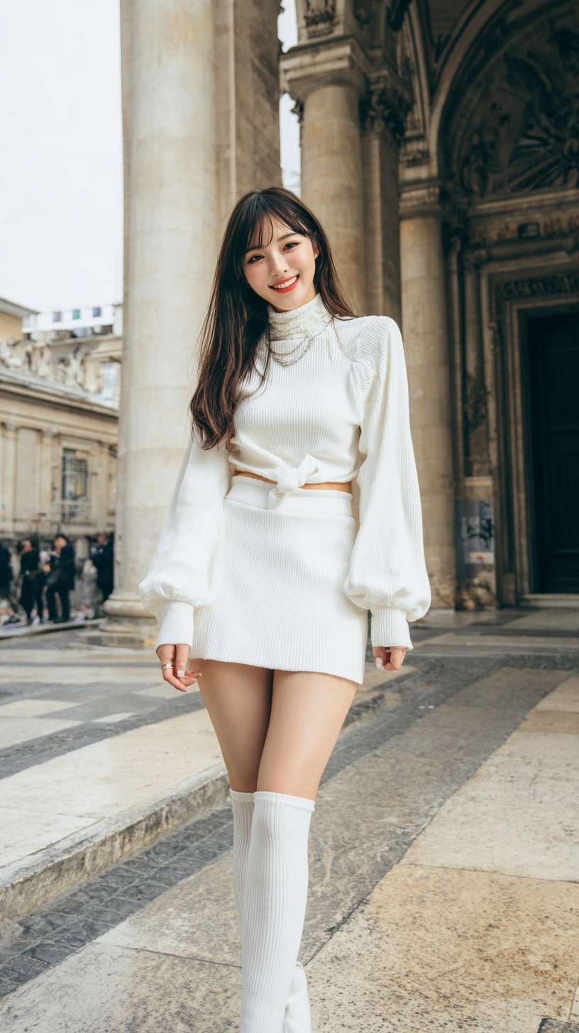 亚洲美少女，超短裙，高领，无袖，腹肌，短靴，白色过膝长袜，教堂门口大街，长发，微笑，酒窝，高清晰 --ar 9:16 --v 7 --stylize 100 --fast --no 水印,水印