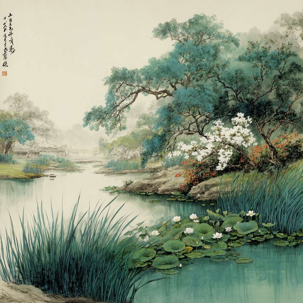 请画一幅关于杨浦滨江的简笔画，滨江边上有马尾草、绣球花、粉黛乱子草、蒲苇、水杉树，绿树环绕 --ar 1:1 --v 7 --stylize 100 --fast --no 水印