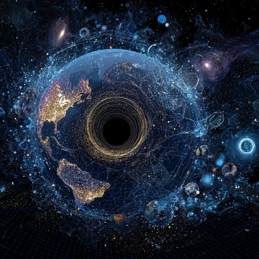 在浩瀚宇宙中有黑洞，星宇，各种星系天体，在这个画面中地球是最进的画面，显得非常科技风，地球外卖呢环绕好多物联网科技风虚线路 --ar 1:1 --v 7 --stylize 100 --fast --no 水印