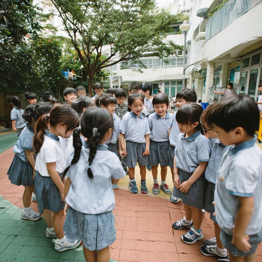一班小六穿校服的學生們在校園裡圍成一個半圓形，以熊貓為主題，學生們一起將瀕危動物圖案玩集體遊戲 --ar 1:1 --v 7 --stylize 100 --fast --no 水印