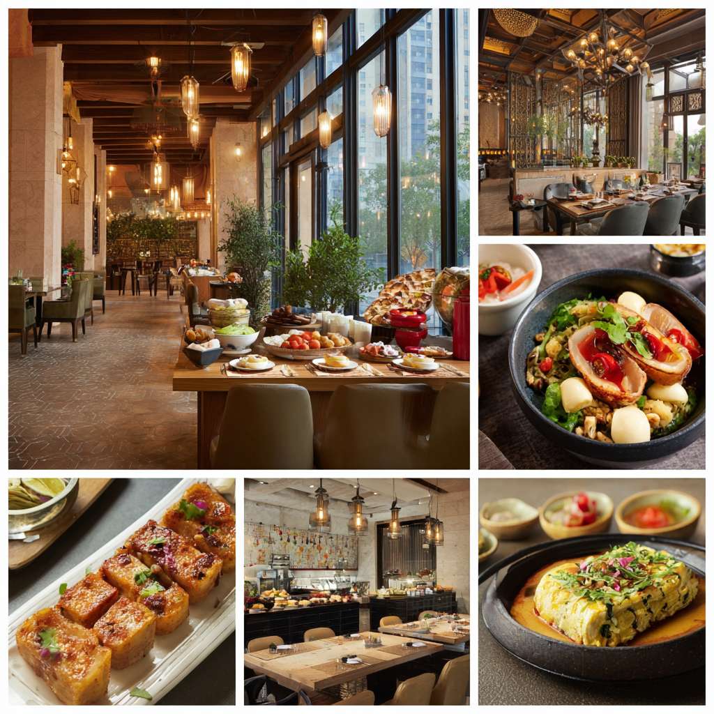 帮我做五张真实酒店华住会餐厅早餐宣传实拍照片 --ar 1:1 --v 7 --stylize 100 --fast --no 水印