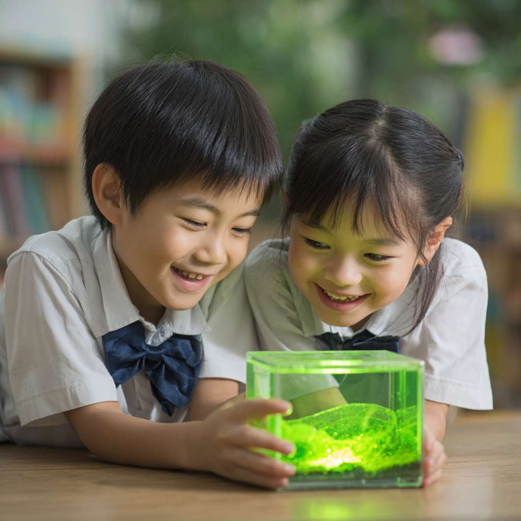 有2位穿著校服的華人小學生開心的表情雙手托起一個螢火蟲的正方體透明小盒子，盒子內的螢火蟲在青苔上發光 --ar 1:1 --v 7 --stylize 100 --fast --no 水印