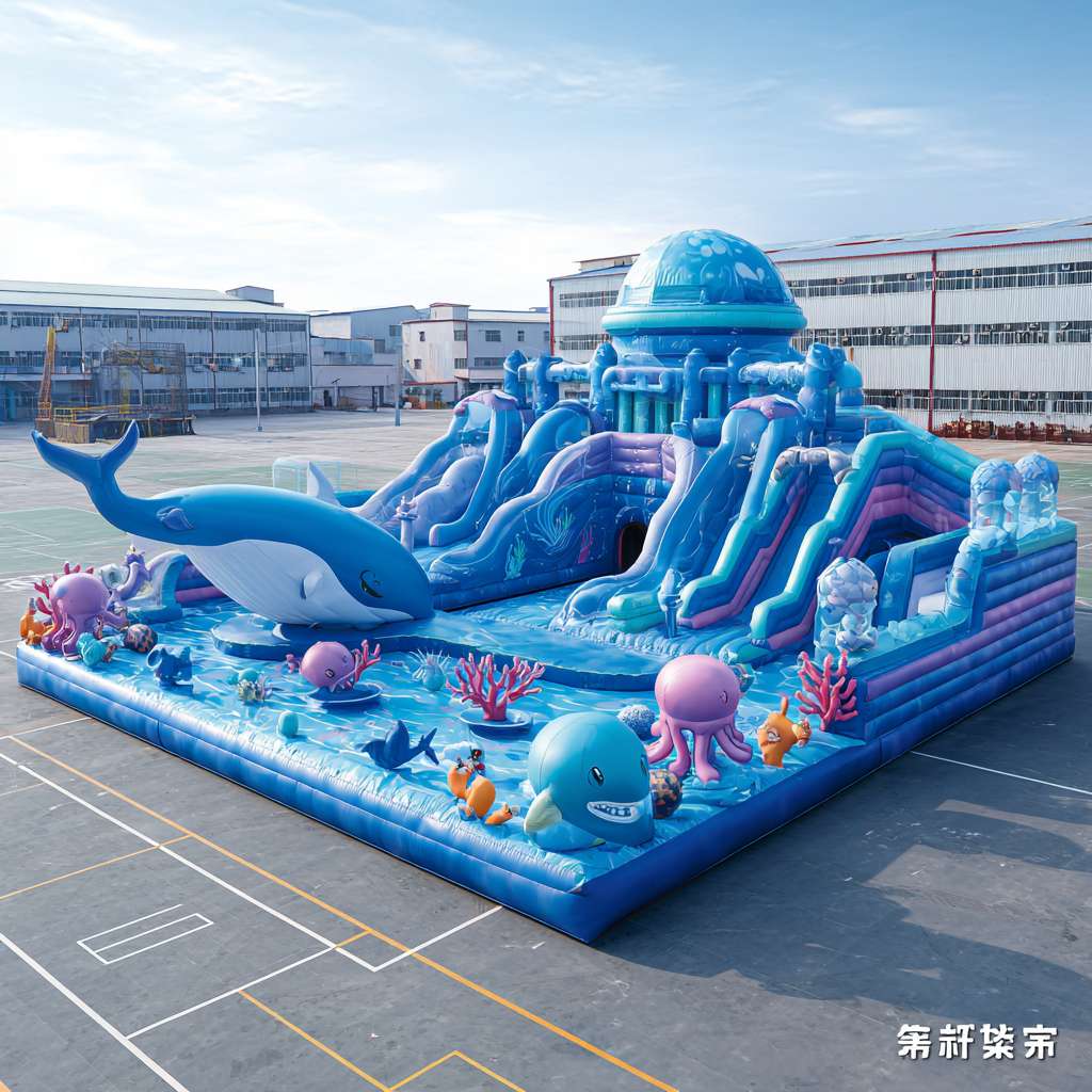 帮我生成一套充气造型的陆地充气城堡，以各种玩法的游戏障碍为主，充气障碍是海洋度假主题，拥有各种海洋沙滩海洋生物的元素，注意，是充气造型的陆地充气城堡！并且充气城堡中间拥有一个巨大的海洋生物作为地表或者网红打卡点，海洋生物你可以从螃蟹，鲸鱼，八爪鱼，海豚中任意选择一个，我需要足够围绕一整个足球场的长度！拥有十段以上不同玩法的游戏 --ar 1:1 --v 7 --stylize 100 --fast --no 水印