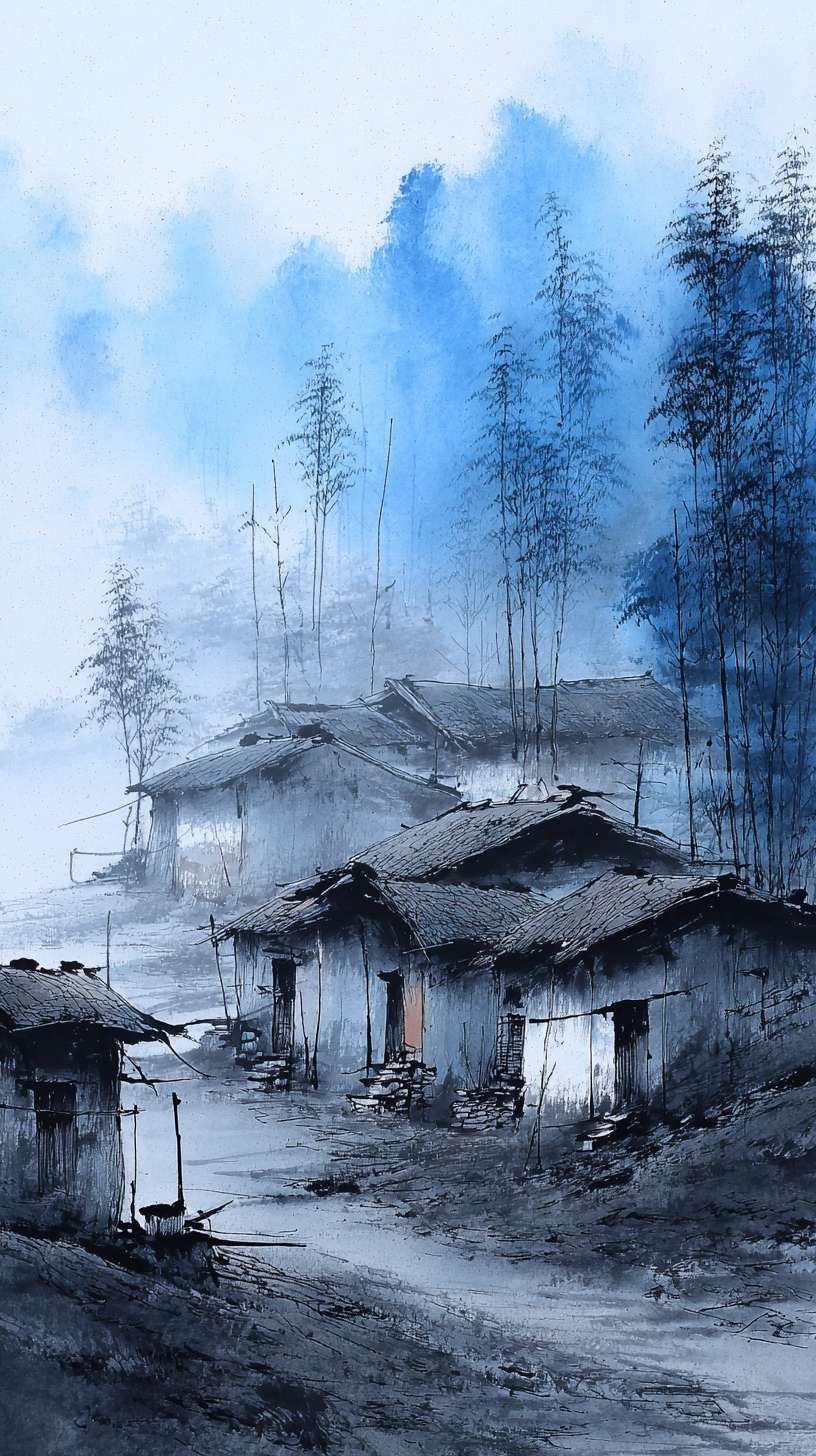 **新手村** (`village.jpg`, 750x1334px)
   - 远山、茅屋、炊烟袅袅的水墨画风格
   - 色调：淡雅、偏灰蓝 --ar 9:16 --v 7 --stylize 100 --fast --no 水印