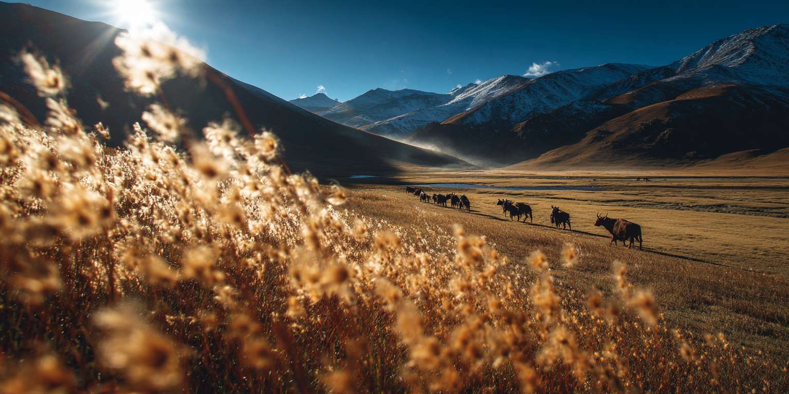 壮阔高原日出:从高原上的格桑花特写推进,朝阳的金光在花瓣上形成的光泽逐步清晰,风吹花瓣时的动态被精准捕捉;骤然垂直拉升,展现高原的辽阔全景,碧绿的草原与远处的雪山、橙红朝霞构成壮阔画面,牦牛群在草原上吃草的身影形成动态点缀;向左侧平移镜头,聚焦高原上的经幡,捕捉朝阳下的经幡色彩与飘动的姿态;环绕拍摄高原上的湖泊,记录湖水倒映的雪山与朝霞,湖面上的水鸟游动形成动态元素;最后向下俯冲至草原的土壤,拍摄草籽与昆虫的动态,全程强调自然光下的细腻质感,加入胶片颗粒强化高原日出的神圣与壮阔。 --ar 2:1 --v 7 --stylize 100 --fast --no 水印