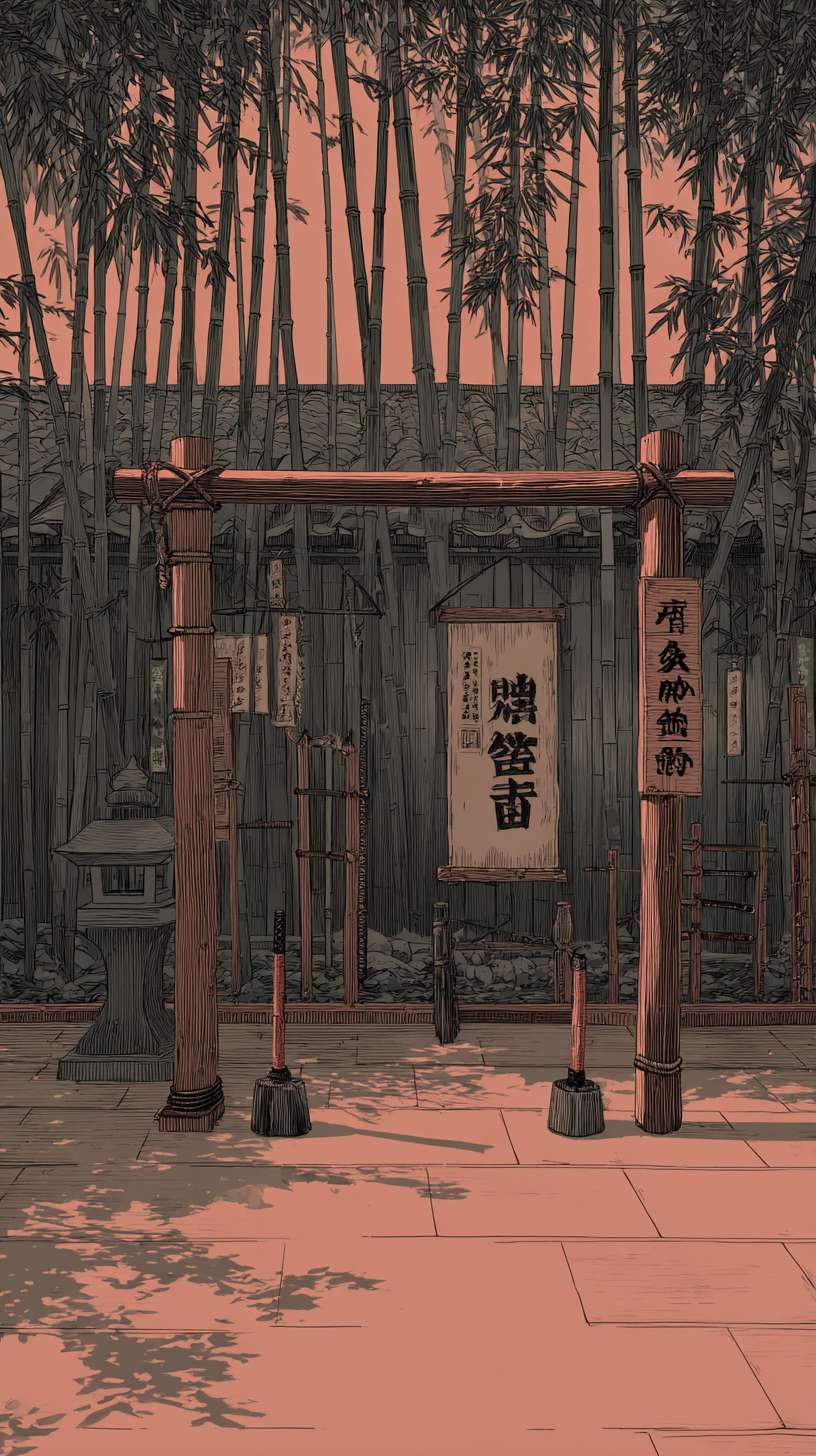 武馆-水墨风
构图:竖版中景,主体为露天练武场,左侧兵器架,中央木人桩,背景为武馆正厅(匾额 “XX 武馆”)核心元素:- 兵器架:木质(淡墨纹理),摆放刀、枪、剑、棍(浓墨线条)- 木人桩:圆柱形(淡墨底色 + 深墨节点)- 地面:练武石(方形,淡墨阴影)
主色调:木色(R150-170, G130-150, B100-120)辅助色:- 兵器:铁灰色(R120-140, G120-140, B120-140)- 匾额:深棕色(R100-120, G80-100, B50-70)统一适配:木色饱和度≤35%,与客栈黄褐色保持质感统一
1. 兵器线条笔触与竹林竹干线条一致2. 木人桩纹理与客栈门板纹理技法相同3. 武馆正厅屋檐与新手村茅屋屋檐运笔一致 --ar 9:16 --v 7 --stylize 100 --fast --no 水印
