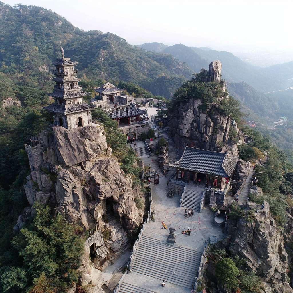 爬山朝拜图，周围苍翠的山林，庙宇屋顶隐约其中，夹道有禅意雕塑，路面上有佛教咒语标识 --ar 1:1 --v 7 --stylize 100 --fast --no 水印