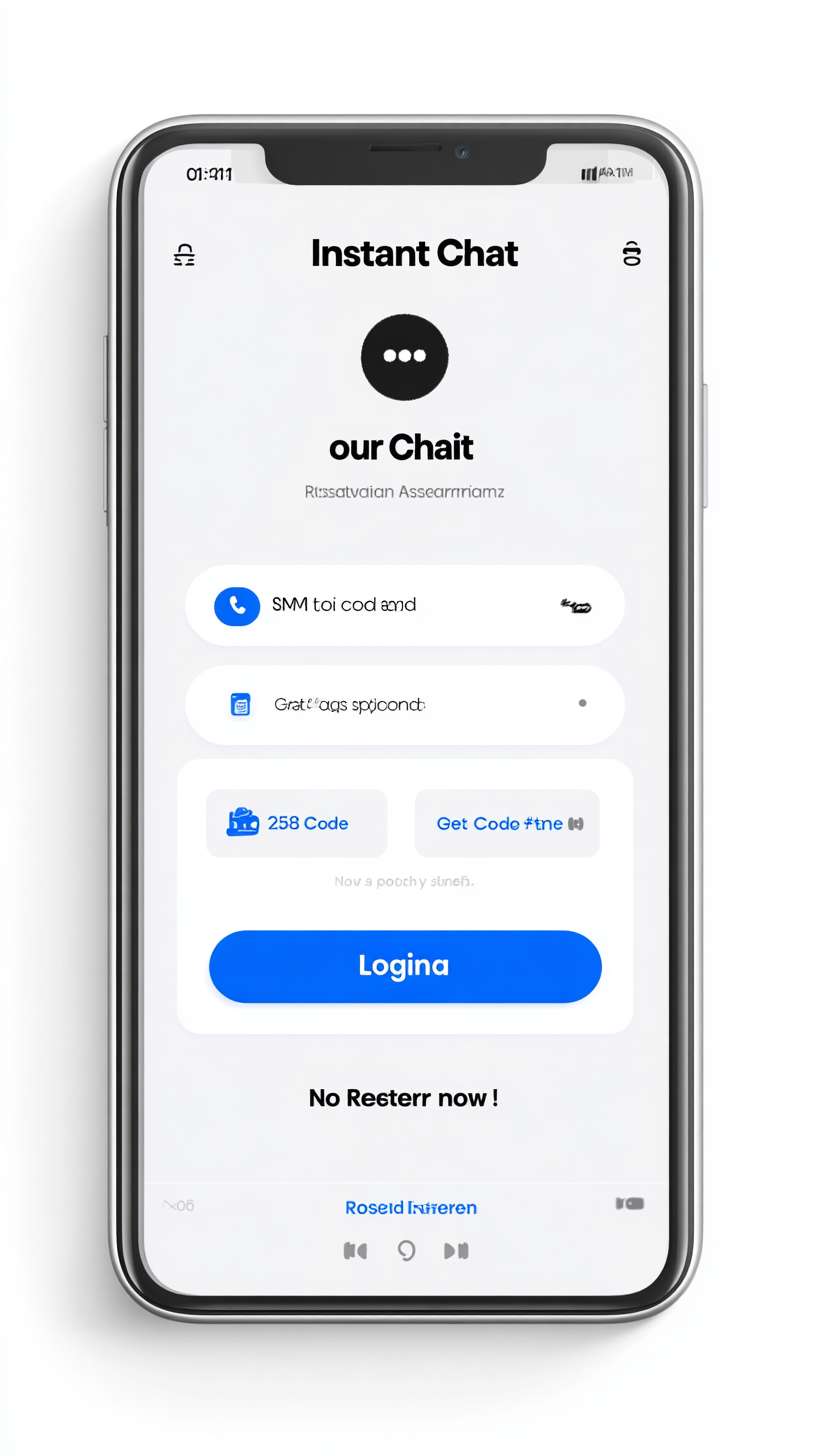 A minimalist login interface for a mobile app. The screen features a light gray background (#F5F5F5). A centered white card with rounded corners contains the login form. This includes a phone number field (with a left-aligned phone icon and gray placeholder text) and a verification code field (with a left-aligned SMS icon and a right-aligned "Get Code" button in blue #2196F3). The "Get Code" button features a dynamic loading indicator. A prominent blue (#2196F3) "Login" button with bold white text is placed below the inputs. A "Forgot Password?" link is situated above the login button. At the bottom, the text "No account?" in gray is followed by a blue "Register Now" link (no underline). The top of the screen displays a circular app icon above the bold black "Instant Chat" title. The interface is clean and uncluttered, with full keyboard navigation support. --ar 9:16 --v 7 --stylize 100 --fast