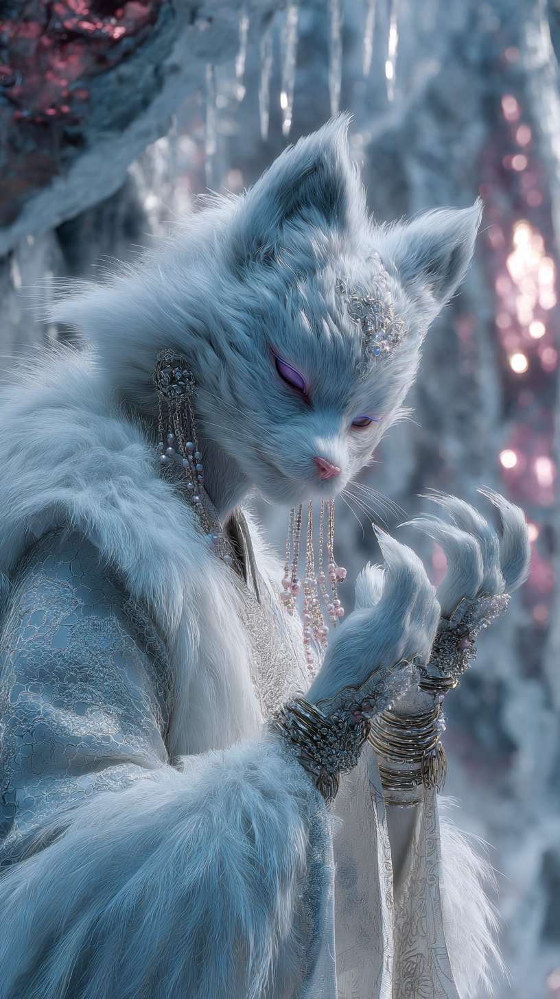 8K high - definition cinematic realism with Tsui Hark's fantastical camera techniques. The 45 - degree tilted shot focuses on a vixen - eared beauty in white绡纱 high - waisted ruqun. Her semi - transparent feather silk outer robe billows in artificial wind, revealing hidden silver - thread nine - tailed fox patterns under sidelight. Silver - gray furred fox ears contrast with pearl tassels framing her face, their pinkish tips adding subtle warmth. Her ice - blue demonic eyes feature Tsui Hark's signature iris diffusion effect, with crystalline silver filigree extending from the corners. She floats in a glacier cave, forming mudras with ice - blue demonic energy coiling around her silver bracelets in particle特效. Background ice crystals refract prism light, while falling snowflakes in 0.3x speed close - up add texture. Dynamic blur on fabric folds enhances ethereality. The color palette combines moonlight white and polar blue, with gold foil particles creating Tsui Hark's signature blend of celestial and demonic aesthetics under cold light. --ar 9:16 --v 7 --stylize 100 --fast --no 水印
