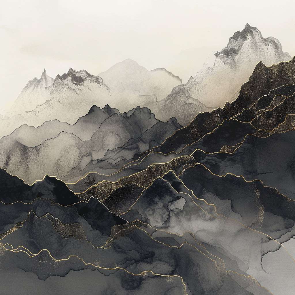 Abstract interpretation of Taoist mountain silhouette 
using gradient ink wash textures, 
faint golden thread weaving through, 
no text, modern Zen aesthetic --ar 1:1 --v 6 --stylize 100 --fast